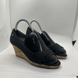 Life Stride Heels Womens 7 W Rogue Peep Toe Pumps Black Fabric Cork Wedge